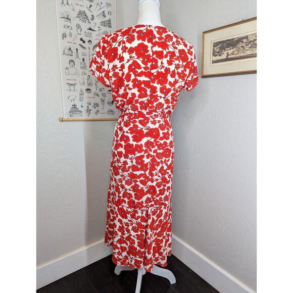 BARDOT Fiesta Red Floral Faux Wrap Tie Waist Asymmetrical Midi Dress Size US 8 - Picture 8 of 15